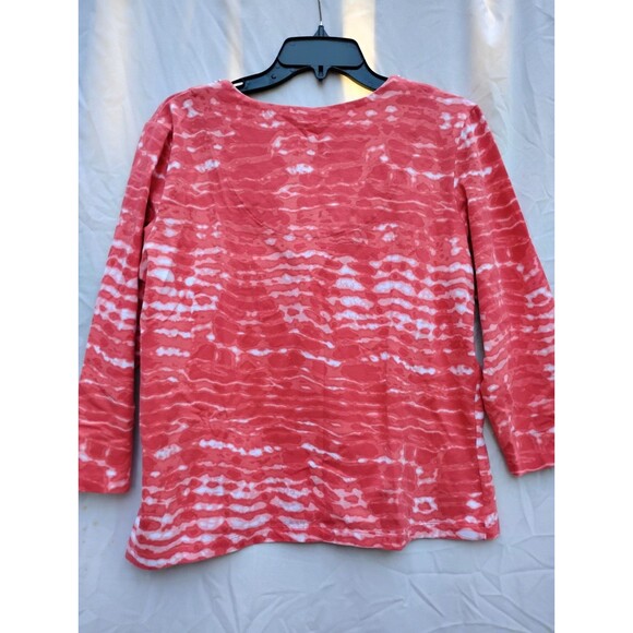 Ruby Rd Tie Die Top Beaded 3/4 Sleeve SZ Large Orange Cotton Stretch Rounded Hem - Picture 3 of 8